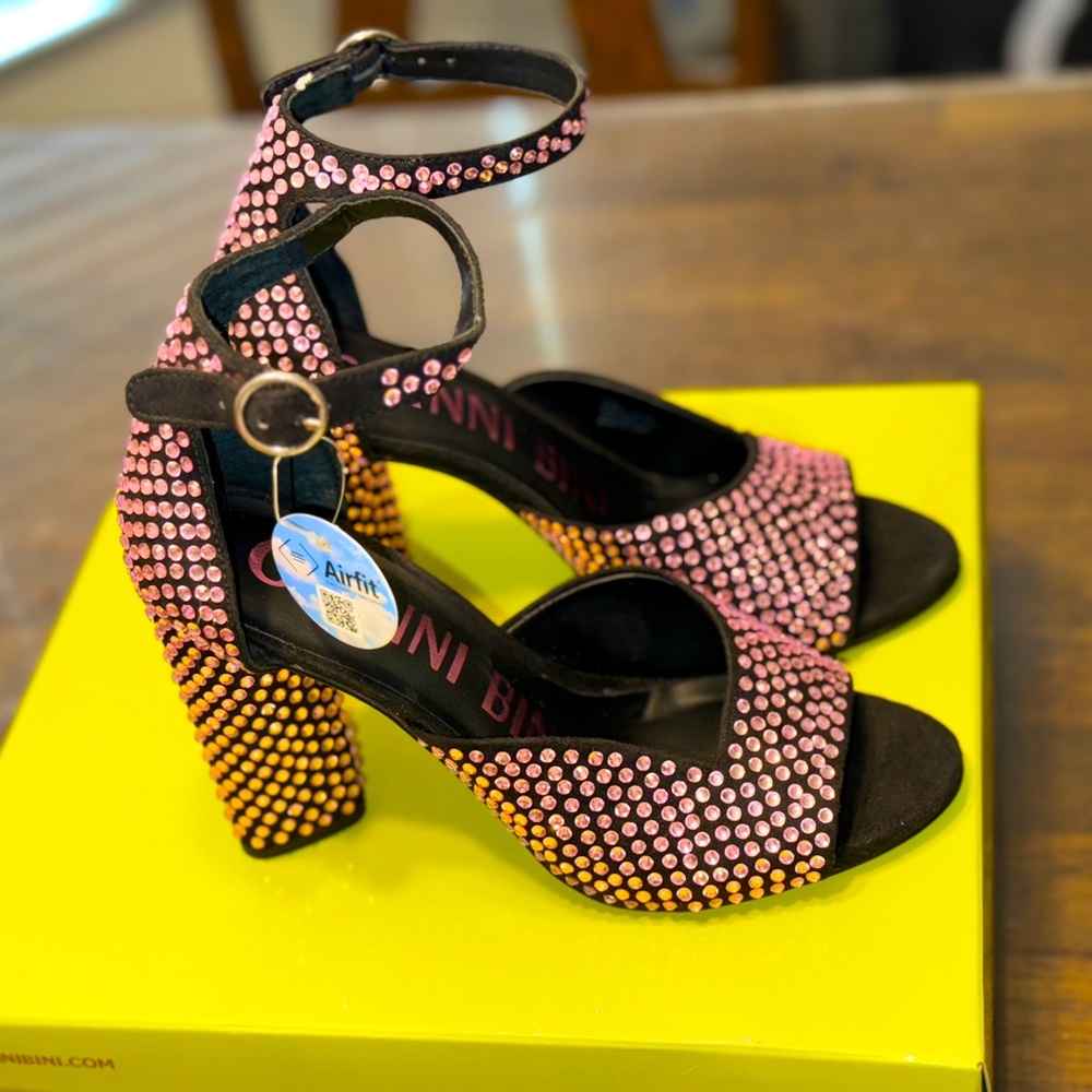 Gianni Bini Pink rhinestone studded ankle strapped heels